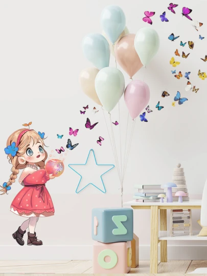 1pc Cartoon Girl & Butterfly Wall Sticker, Removable Matte Vinyl Wall Decal For Living Room, Bedroom, Kids Room, Nursery Decor, Home Decoration, Spring Decor, Gift