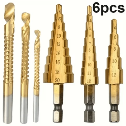 6pcs High Performance Stepped Drill Bit Set (Sizes: 4-20mm/4-12mm/3-12mm/3mm/6mm/8mm) - Titanium Chromium Alloy Material Center Drill Bits, Suitable For Drilling Wood And Metal, Compatible With Center Drill And Screwdriver Tools, Meeting DIY Handcraft And Professional Drilling Needs - Durable Stepped Drill Bit Set