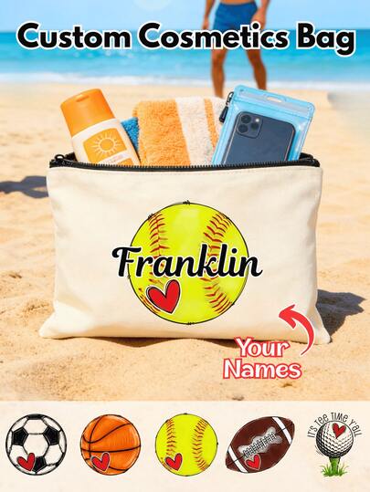 1pc Personalized Sports Canvas Cosmetic Bag With Custom Name & Number- Lightweight Foldable Zipper Makeup Bag | Easy To Clean, Ball Design Zipper Makeup Tote, Reusable Multi-Functional Travel Pouch For Soccer Basketball Baseball Fans, Ideal For Easter Basket