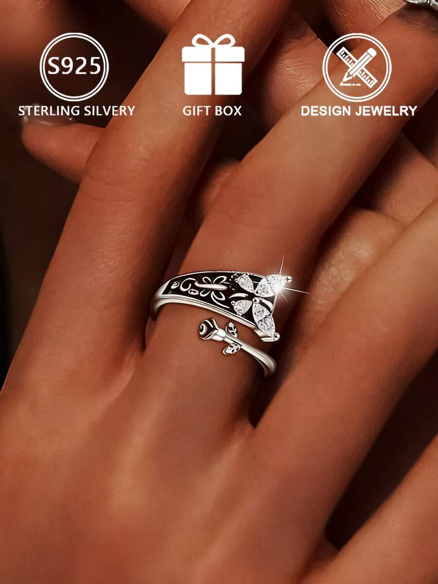 1 Stück 925 Sterling Silber Vintage Schwarze Rose Zirkonia Schmetterling Offener Ring (Schmetterling Rose Stil) Geschenkbox, geeignet für den täglichen Gebrauch und als Valentinstags-Geschenk - Antiksilber - Übersicht 1