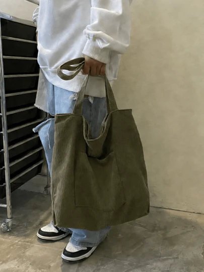 1pc Black Corduroy Tote Bag, Can Be Worn On Shoulder Or Handheld, Lightweight, Large Capacity, Fashionable, Holiday Gift, Travel, Daily Commute, Business Trip, Sports, Fitness, Beach Beach Bag Laptop Bag