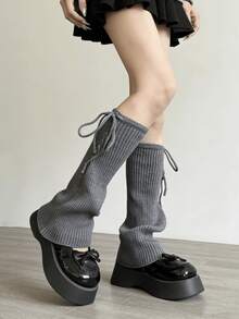 1 双白色/灰色蝴蝶结针织腿套，纯色喇叭形袜口，适用于雪地靴 - 彩色 - 查看 1