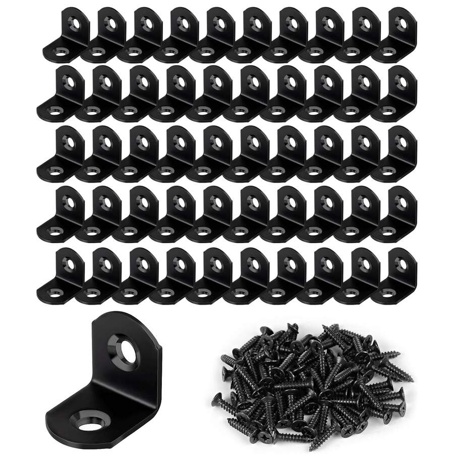 50pcs L-Shaped Stainless Steel Bracket Set, 90 Degree Right Angle Brackets, 100pcs Screws, L-Bracket Hardware, Suitable For Wooden Shelves, Chairs, Tables, Vanities, Furniture (Black) - Black - View 1