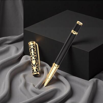A Fashionable And Classic Black Engraved Ballpoint Pen/Elegant Metal Business Signature Pen/Luxurious Executive Office Signature Pen For Men And Women/Student Calligraphy Practice Pen/Replaceable Pen Refill