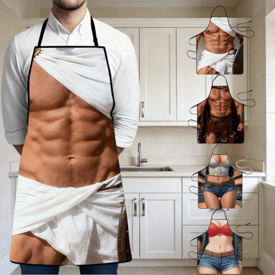 1PC Funny Muscle And Good Body Apron - Roman Style Muscle Men And Street Ladies Printed Kitchen Cooking Apron Suitable For Kitchen Baking, Barbecue, Creative Gift - Multicolor - View 1