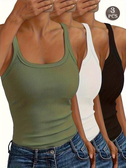 3pcs Women's Camisole, Women's Fashion Ribbed Tank Tops - Breathable, Fitted, Unpadded Sports & Yoga Vest - Versatile Solid Color Activewear