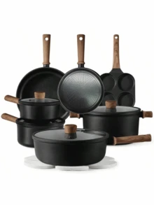 Bộ nồi chảo chống dính cao cấp màu đen, bao gồm chảo chống dính, chảo rán, nồi canh và chảo phẳng, phù hợp với bếp từ, tương thích với mọi loại bếp. Chảo rán chống dính này có thể dùng để chiên bánh kếp, trứng chiên, bít tết, v.v. Chất liệu hợp kim titan, nhẹ và dễ mang theo, là lựa chọn lý tưởng cho bếp từ. - Nhiều màu - Xem 12