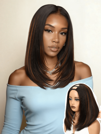 14-tums kort U-del vågig peruk, Yaki rak syntetfiberperuk med slingor, lämplig för, uppgraderad U-del peruk, ingen sömnad eller lim krävs