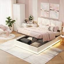 MISNODE Double Bed 140x190/140x200/160x200 Cm, Hydraulic Bed With Slatted Base, Children's Bed, Upholstered Bed, Youth Bed With Storage, Beige, Velvet, Suitable For Adults And Teenagers - 米色 - 查看 12