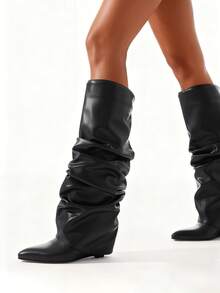 Women Knee High Boots Wedge Heel Pointed Toe Slouch Foldover Boots Minimalist Fashion Boots For Fall Winter Outfits Street Style - màu đen - Xem 4