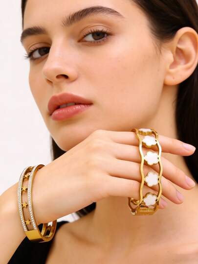 VJS 半件套花朵星形设计手链，优雅女士饰品，镂空304不锈钢镀18K金，百搭日常佩戴及礼品