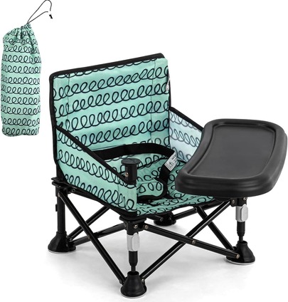LADIDA Foldable Baby Travel Booster Seat With Removable Tray & Travel Bag, Portable Feeding Chair For Infants & Toddlers, Grey