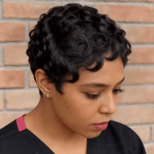 Women's Remy Human Hair Pixie Cut Wig - Short Wave With Bangs, 150% Density Full Machine Made Rose Net Cap Everyday & Special Occasion Hairstyle - SNatural - View 4