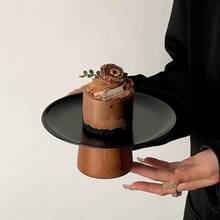 1个黑色木质底座不锈钢餐盘，适用于餐桌、餐厅、厨房、派对、生日等场合 - 木高腳不鏽鋼黑色盤 - 查看 12