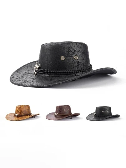 1pc Unisex Solid Color PU Leather Cowboy Hat, Unique Shiny 3D Cattle Head Design With Leather & Metal Wide Belt Decor, Wide Brim Sun Protection Hat, Adjustable Cord, Cyberpunk Stylish Novelty Punk Retro Street Fashion, Gift For Men, Cosplay, Suitable For Parties, Western Themed Events, Gatherings, Graduation, Masquerade, Festivals, Birthdays, Music Festivals, Traveling, Daily Wear