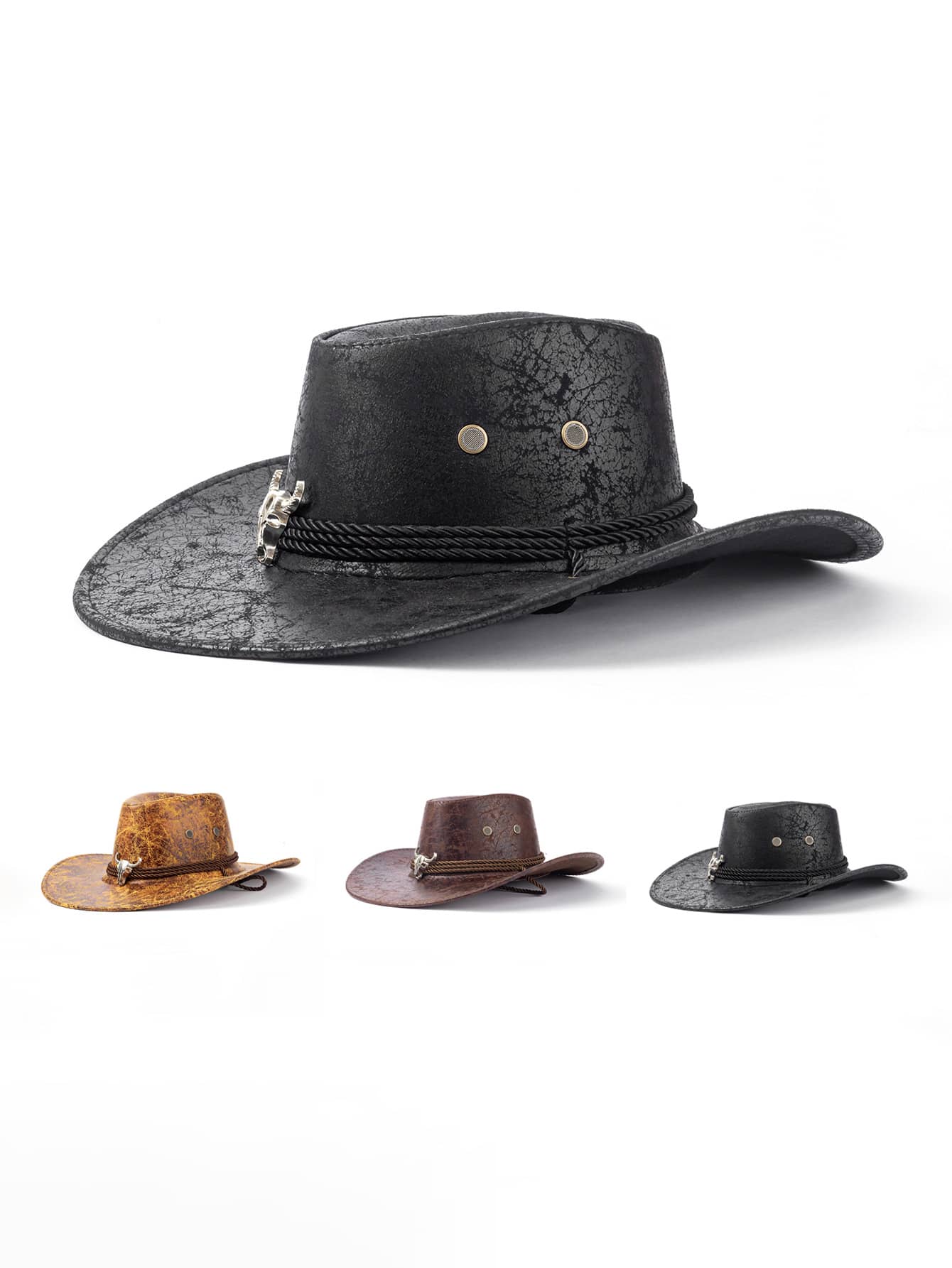 1pc Unisex Solid Color PU Leather Cowboy Hat, Unique Shiny 3D Steer Head Design With Leather & Metal Wide Belt Decor, Wide Brim Sun Protection Hat, Adjustable Strap, Cyberpunk Stylish Punk Retro Vibe, Suitable For Parties, Western Themed Events, Cosplay, Street Style Looks, Gifts For Men - Silver Bull Cowboy Hat - View 1