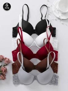 5pcs Elegant Solid Color Lace Patchwork Push-Up Bra (Small Bust Push-Up Bra) - Multicolor - View 2