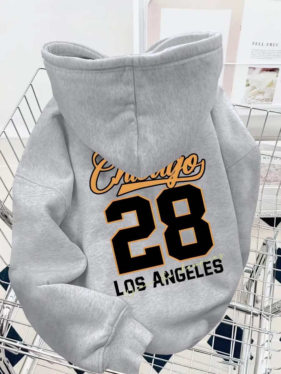 男士休闲时尚百搭街头连帽衫，印有28号标语，配有袋鼠口袋和抽绳，适合秋冬季穿着。 - 灰色 - 查看 1