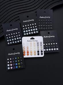 17KM 48颗/114颗/156颗简约时尚立方氧化锆耳钉套装，心形和几何图案，送给姐妹、情侣的礼物，适合日常、派对、婚礼、情人节等场合。 - 彩色 - 查看 9