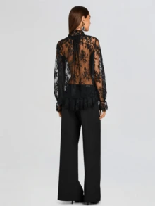 Women Mesh Blouse Smocked Long Sleeve High Neck Open Front Bowknot Decor Lace Trim Shirt Party Top - màu đen - Xem 3