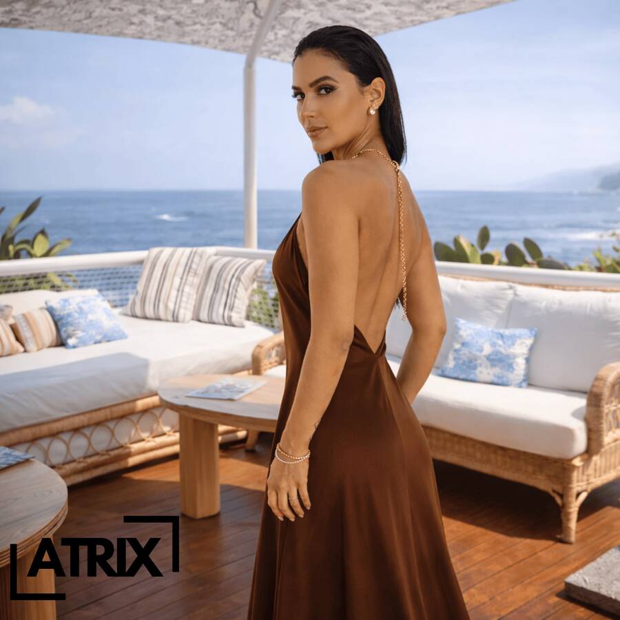 ATRIX Luxurious Long Dress With Ring And Chain Halter Neck - 鏽棕色 - 查看 1