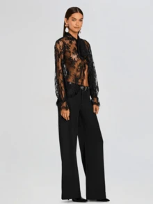 Women Mesh Blouse Smocked Long Sleeve High Neck Open Front Bowknot Decor Lace Trim Shirt Party Top - màu đen - Xem 4