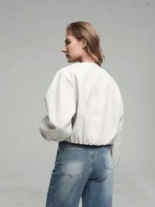 HZXVIC 女士纯色罗纹拉链口袋休闲柔软飞行员夹克，秋季款 - 米色 - 查看 6