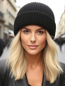 1pc White Knitted Cuffed Beanie, Soft & Warm Knit Hat For Women - Dark Grey - View 4