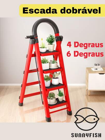Escada Dobrável de Aço-Carbono 4-6 Degraus | Capacidade 1000kg | Reforçada | Uso Doméstico