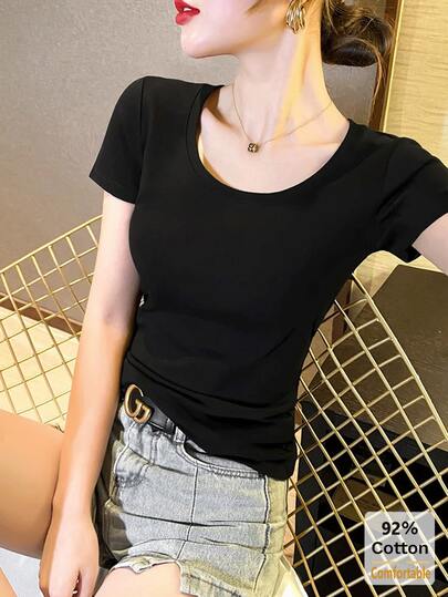 Áo thun nữ cổ chữ U tay ngắn màu trơn, áo lót dáng ôm thoải mái đa năng cho mùa hè.