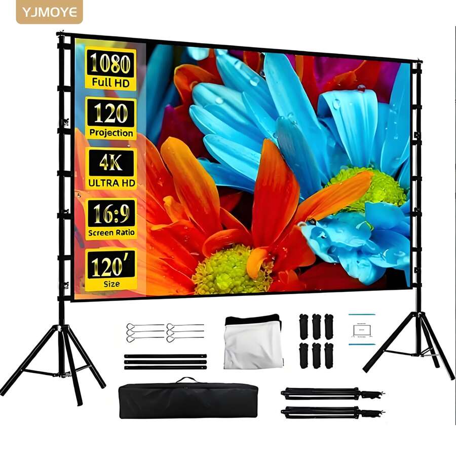 YJMOYE 120-Inch 16:9 4K High Definition Indoor/Outdoor Portable Projection Screen, All-Metal Frame No-Wrinkle Front/Rear Projection Screen, With Storage Bag, Suitable For Home Theater And Outdoor Movie Viewing