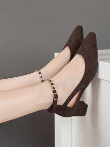 Bombas de tacón alto con tacón grueso y correa para mujer, diseño hueco con rhinestones - Café integral - Ver 4