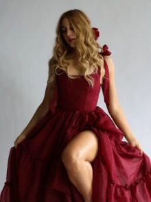 Maxi A Line Dress For Women Sleeveless Tie Shoulder U-Neck Split Hem Cross Bandage Ball Gown - 酒紅色 - 查看 10