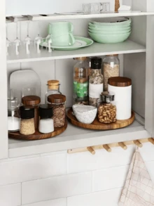 1/2pcs Kitchen Spice Rack, Kitchen Storage Rack, Kitchen Supplies, Wooden Tray, Spice Container, Kitchen Storage Items, Tray, Kitchen Decor, Rotating Tray, Solid Wood Tray, 8-Inch Round Multifunctional Tray, Round Wooden Spice Rack, Kitchen Organizer Rack, Cabinet Rotating Tray, Countertop, Table Or Dining Room, Holiday Gift, Home Kitchen Storage Tray, Kitchen Gadgets, Suitable For Halloween, Christmas And Other Holidays - Chocolate Brown - View 3