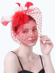 1件 20/50年代女士茶会面纱帽，时尚迷人头饰 - 紅色 - 查看 3