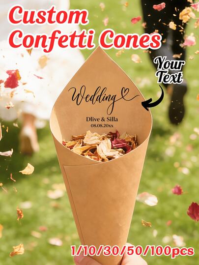1/10/30/50/100pcs, Personalized Confetti Cone Templates - Editable And Printable Wedding Farewell Cones, Suitable For Holding Rice, Petals, And Confetti. Perfect For DIY Wedding Exits, Valentine's Day Gifts, Wedding Presents, Wedding Accessories, Bridesmaid Gifts, Christmas Gifts, Christmas Decorations, Thanksgiving Gifts, New Year's Gifts, And Party Decorations.