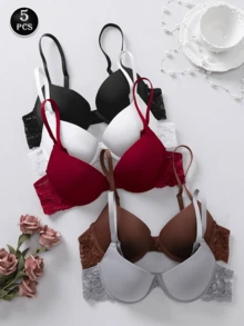5pcs Elegant Solid Color Lace Patchwork Push-Up Bra (Small Bust Push-Up Bra) - Multicolor - View 4