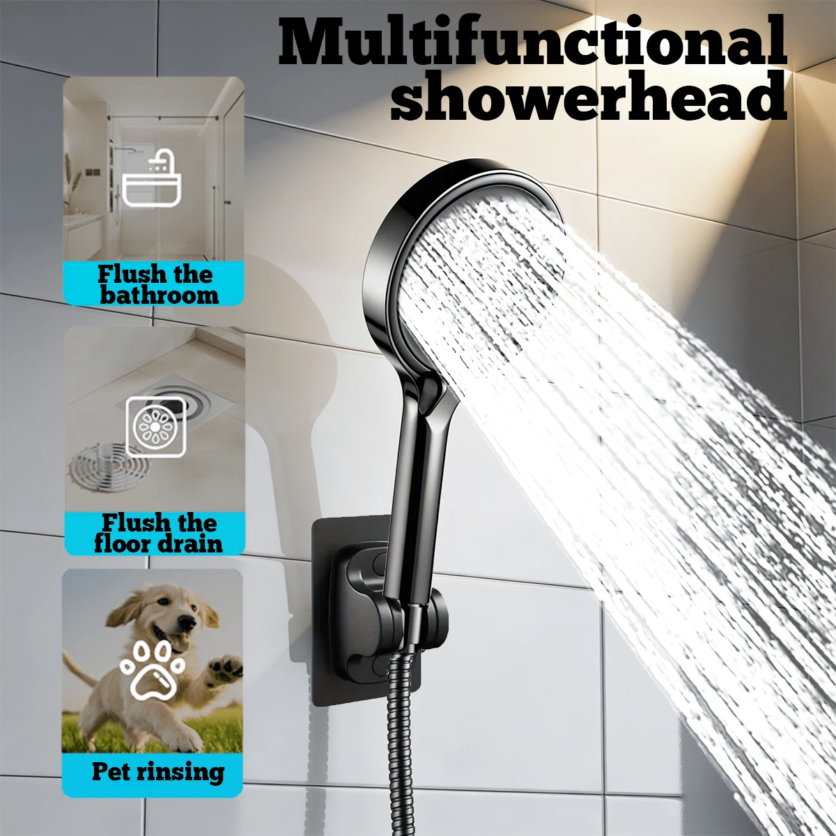 Square Handheld Shower Set (Shower Head/Hose/Bracket), With Powerful Pressure Boosting And High Water Flow, Suitable For Home Bathroom Shower And Hot Water Supply - Multicolor - View 1