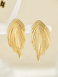 一对复古风奢华叶形设计师款女士个性金耳环，适合派对和度假佩戴 - 金色 - 查看 5