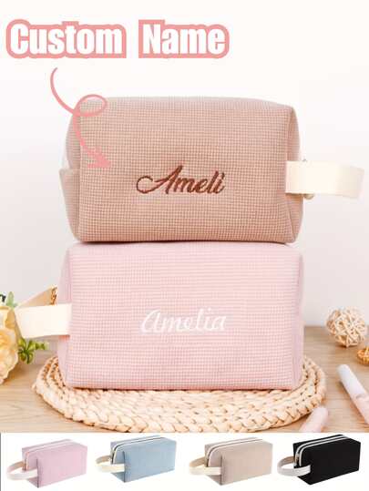 1pc Personalized Embroidered Corduroy Cosmetic Bag, Customized Travel Toiletry Organizer, Customized Makeup Bag, Bridesmaid Gift, Bachelorette Party Gift, Valentine's Day Gift, Gift For Her