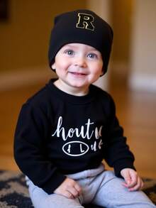 1顶个性化婴儿帽，幼儿儿童26字母针织帽，手工女婴骷髅帽，新生儿医院帽。 - 黑色 - 查看 4