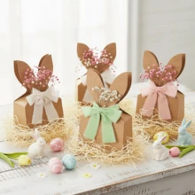 12/24 Pcs Easter Gift Bags, Cowhide Paper Rabbit Ears Party Favor Bags, Boho Style Neutral Bow Ribbon Artificial Flowers Rustic Paper Bunny Gift Boxes Easter Party - Multicolor - View 2