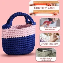 Lawkeman 3 peças/300g Fio de Camiseta de Poliéster de Alta Qualidade, Fio de Crochê e Tricô, Fio Grosso de Poliéster Macio e Elástico, 30m/100g por Rolo - Ideal para Projetos DIY, Chinelos, Cestas, Tiras de Tecido, Sacolas Artesanais Tecidas à Mão, Brinquedos, Sapatos, Tapetes, Cestas de Armazenamento - Multicolorido - Visão 7