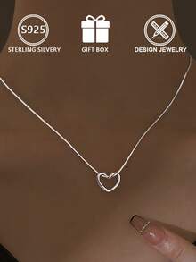 1件925纯银镂空心形吊坠项链（简约心形设计），含礼盒，适合日常佩戴和情人节礼物 - 銀色 - 查看 8