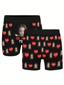 1pc Customized Face Print Men's Briefs, Personalized Gift For Boyfriend/Husband, Printed With "I Love You" And A Red Heart - Multicolor - View 2