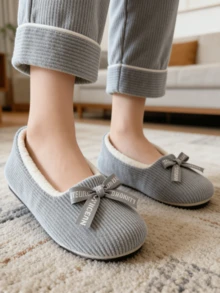 Women's New Solid Color Ballet Flats, Corduroy Material With Bow Decor, Indoor Comfortable Quiet Non-Slip Soft Bottom Fluffy Slip-On Slippers - Grey - View 9