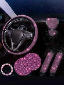 7件套汽车配件套装,女士汽车配件,亮面方向盘套,亮面汽车杯垫,亮面套装,安全带肩垫,圆形Logo贴纸,换挡杆套 - 款式A - 查看 21