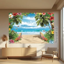 Tropical Hawaiian Party Background - Sky, Ocean, Flower And Palm Leaf Patterns - Multi-Purpose Polyester Banner, Suitable For Both Indoor And Outdoor Decoration And Photography - Multicolor - View 5