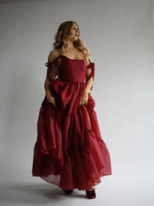 Maxi A Line Dress For Women Sleeveless Tie Shoulder U-Neck Split Hem Cross Bandage Ball Gown - 酒紅色 - 查看 8