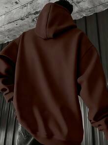 Men's Casual Minimalist Solid Color Kangaroo Pocket Drawstring Hoodie, Suitable For Daily Commute, Autumn/Winter - Brown - View 2